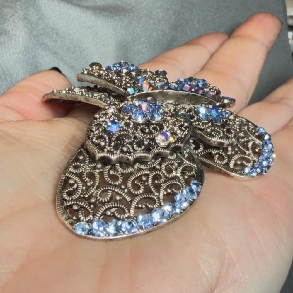 Butterfly Brooch Blue Rhinestone Filigree Crystal Pin Large Statement 3” - Picture 4 of 10
